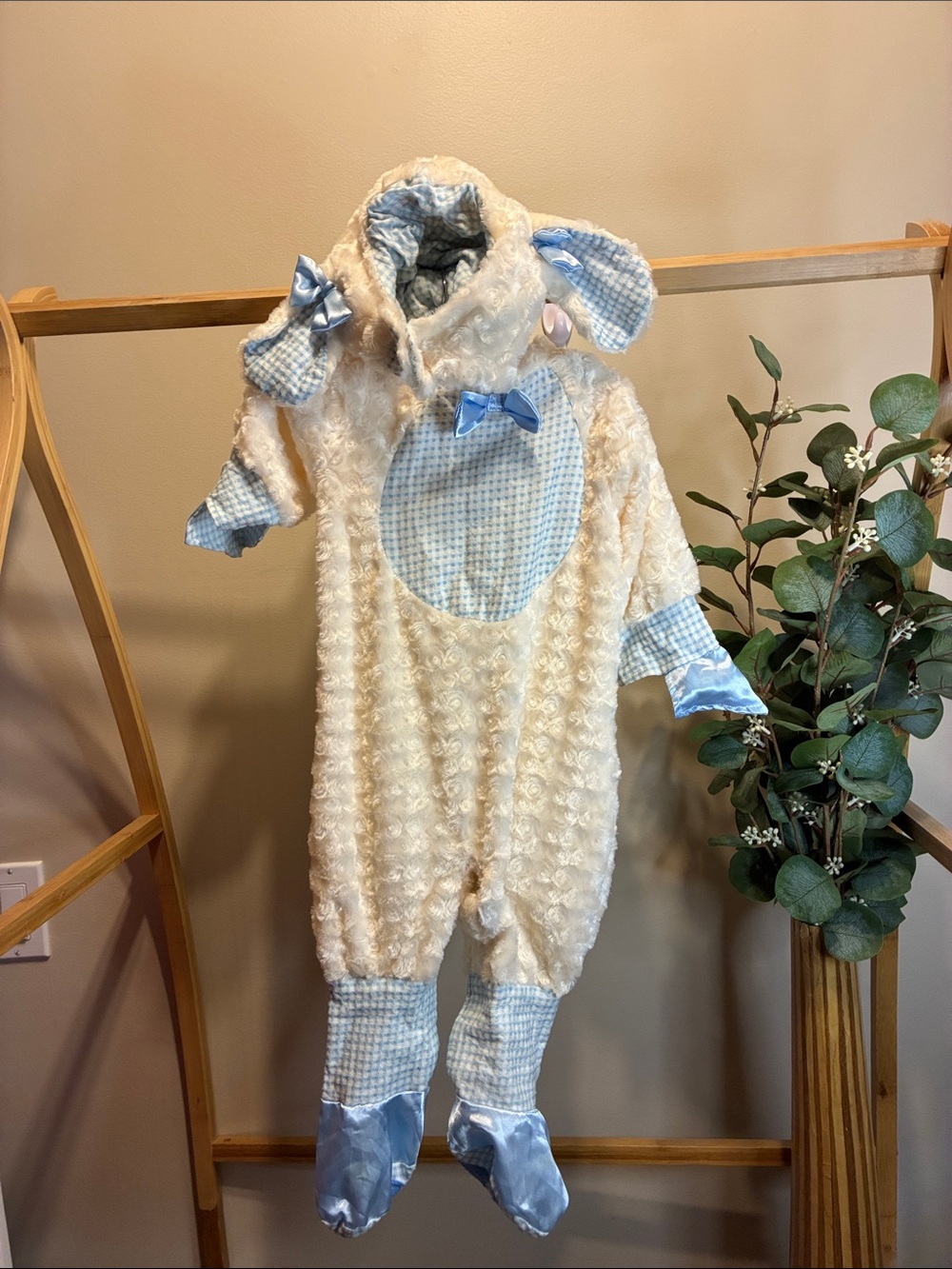 Cream and Light Blue Plush Baby Lamb One-Piece Romper